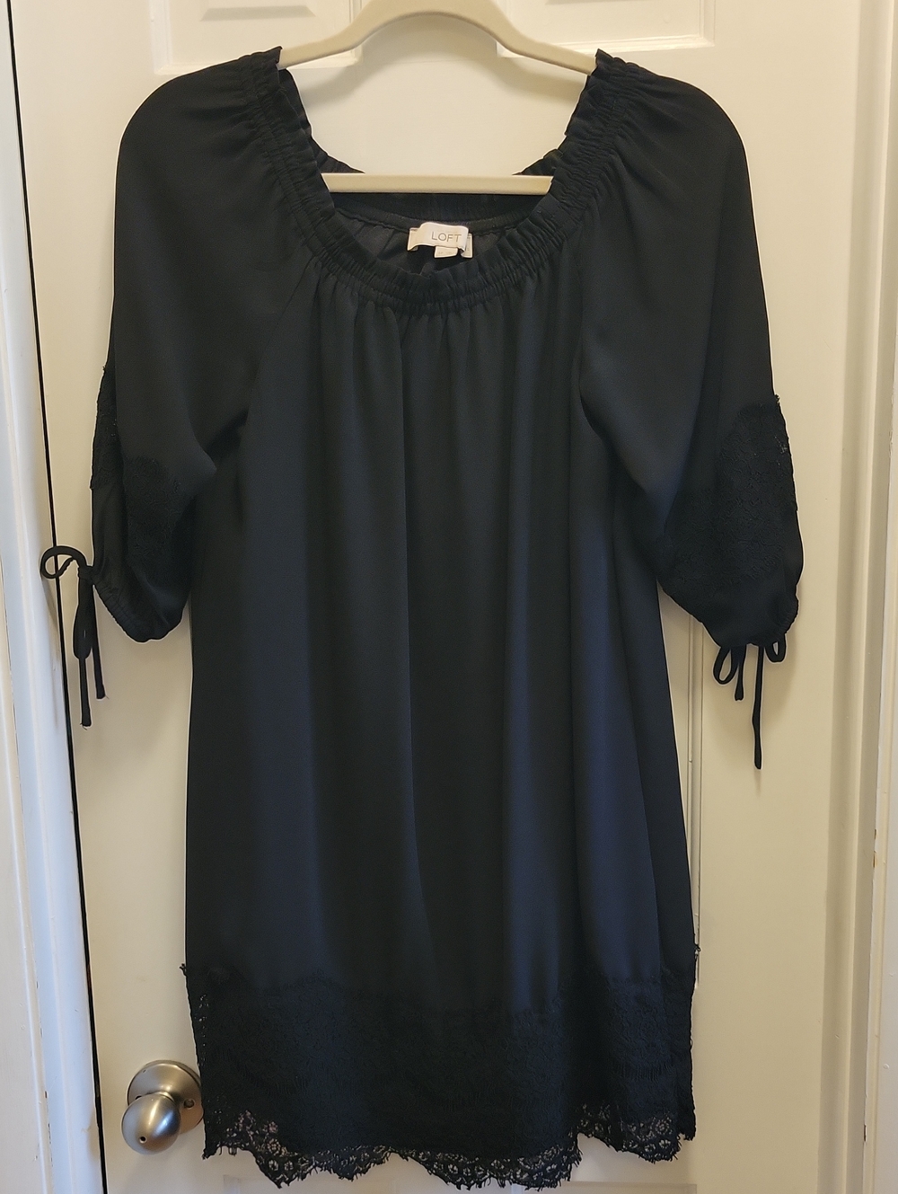LOFT Black Peasant Dress with Lace Hem